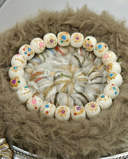 Mammoth ivory fossil (Immitation) bead bracelet inlaid with opal - CreamyMoon