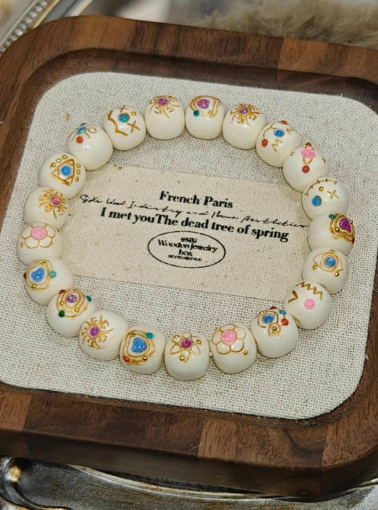 Mammoth ivory fossil (Immitation) bead bracelet inlaid with opal - CreamyMoon